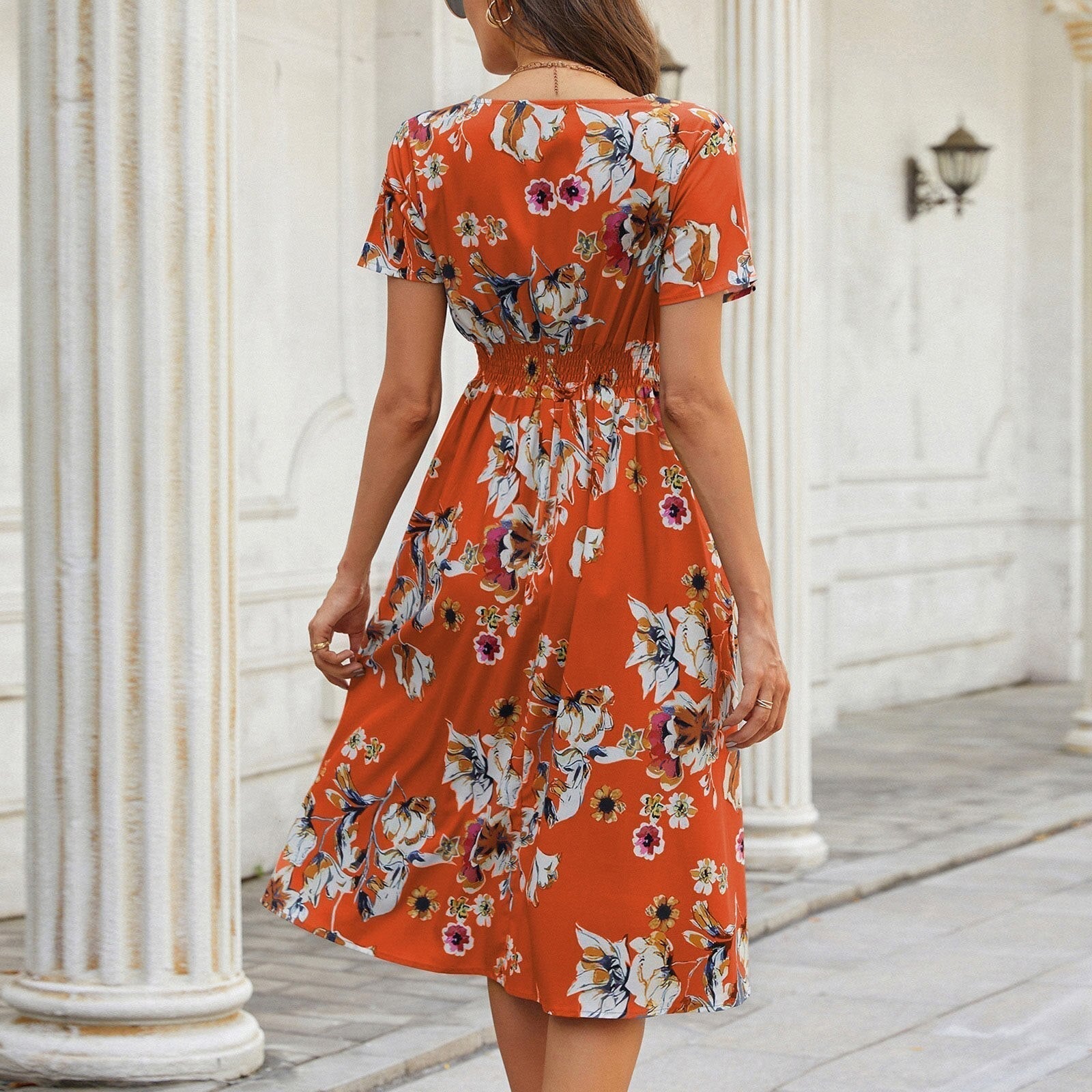 JuliaFashion-Floral Printed V-neck Midi Dress