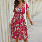 JuliaFashion-Floral Printed V-neck Midi Dress