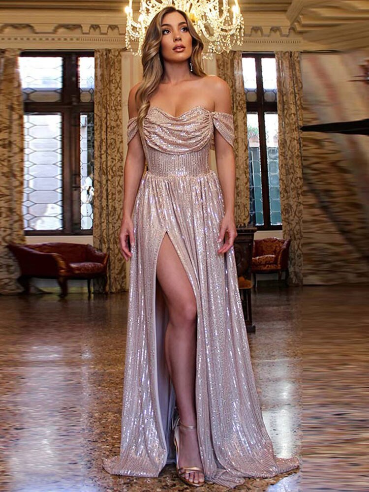 JuliaFashion - 2024  Solid Sequins Strapless Slim Split Dress