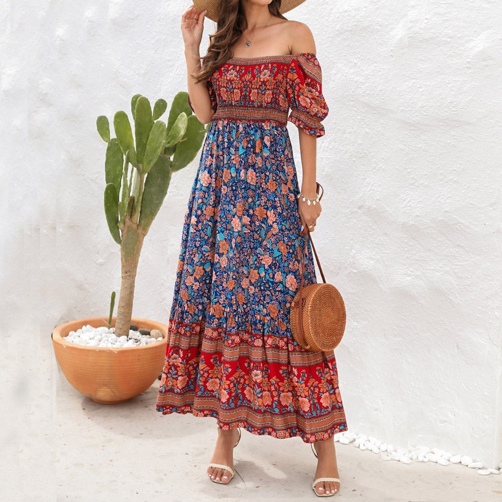 JuliaFashion - Square Collar Floral Maxi Dress