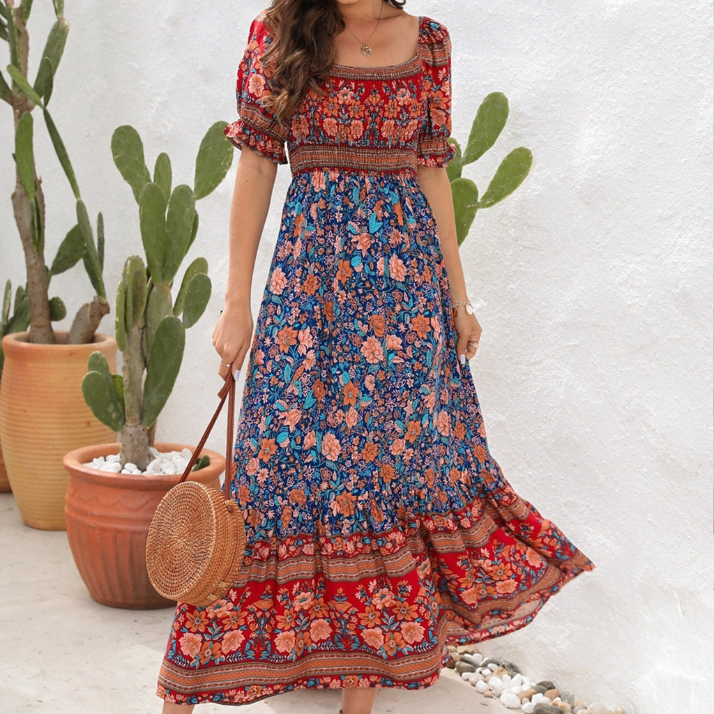 JuliaFashion - Square Collar Floral Maxi Dress