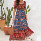 JuliaFashion - Square Collar Floral Maxi Dress