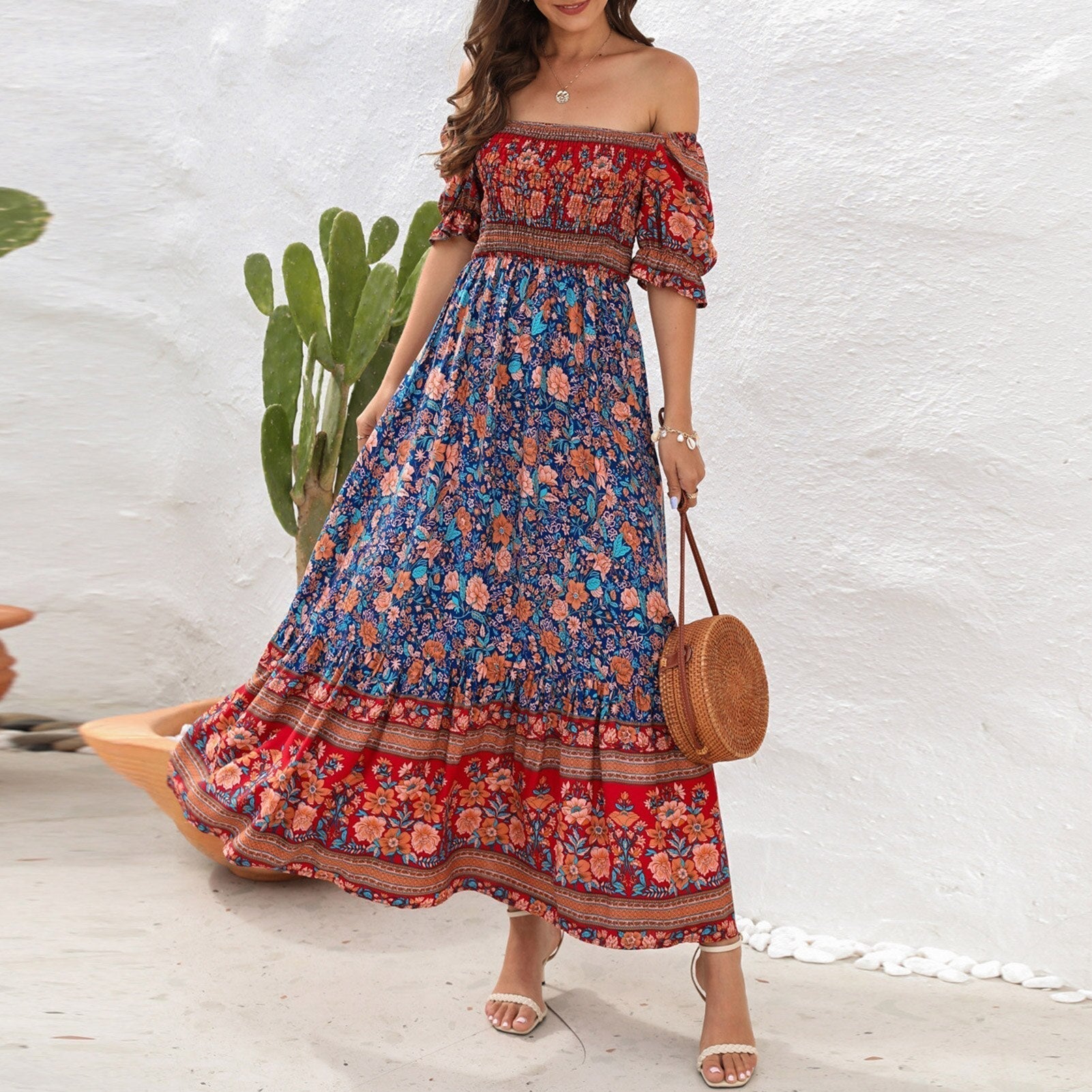 JuliaFashion - Square Collar Floral Maxi Dress