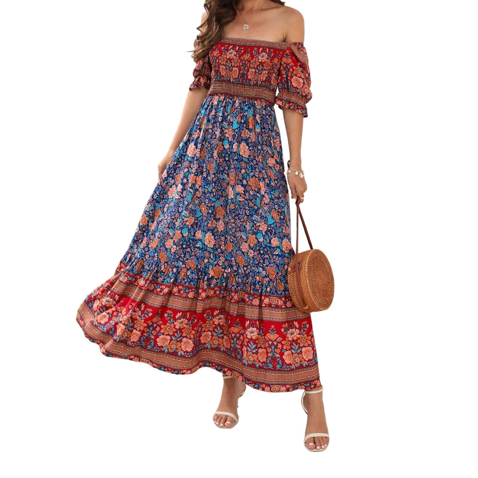JuliaFashion - Square Collar Floral Maxi Dress