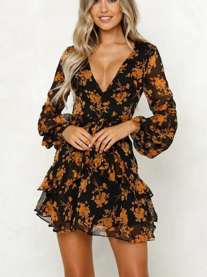 JuliaFashion-Floral Printed Surplice Neck Ruffled Mini Dress