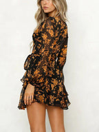 JuliaFashion-Floral Printed Surplice Neck Ruffled Mini Dress