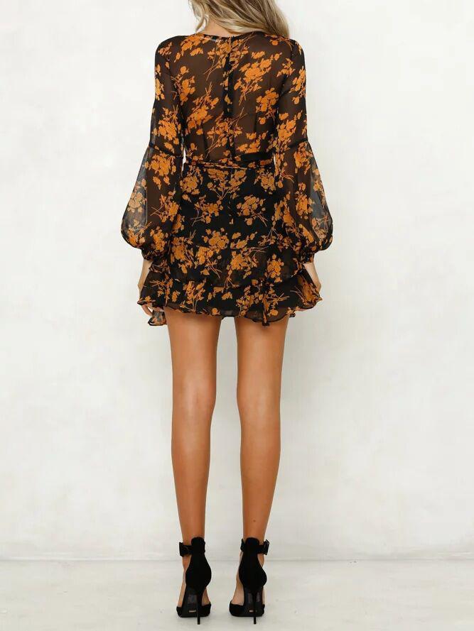 JuliaFashion-Floral Printed Surplice Neck Ruffled Mini Dress