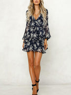 JuliaFashion-Floral Printed Surplice Neck Ruffled Mini Dress