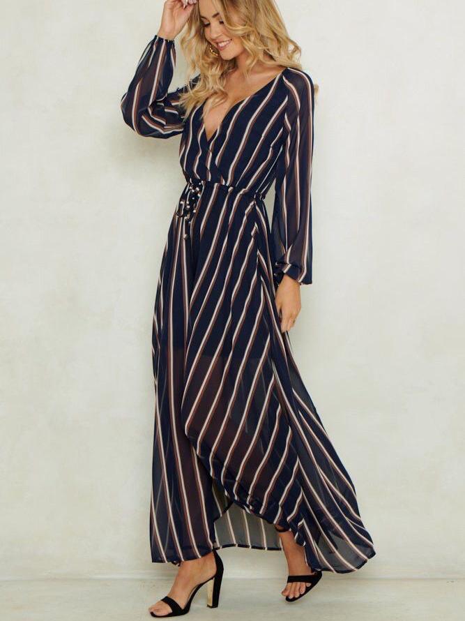 JuliaFashion-Genia Stripe Surplice Neck Maxi Dress