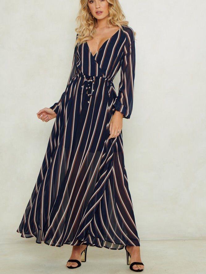 JuliaFashion-Genia Stripe Surplice Neck Maxi Dress