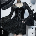Dark Elegant Vintage Gothic Velvet Dresses Grunge Punk Style Flocked Bandage Flare Sleeve Party Outfit