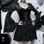 Dark Elegant Vintage Gothic Velvet Dresses Grunge Punk Style Flocked Bandage Flare Sleeve Party Outfit