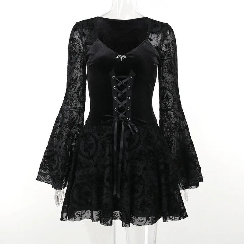 Dark Elegant Vintage Gothic Velvet Dresses Grunge Punk Style Flocked Bandage Flare Sleeve Party Outfit