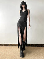 Elegant Summer Ruffles Slash Split French Shoulder Sexy Chic Stretch Sleeve Neck Off Slim Gothic Long Dress