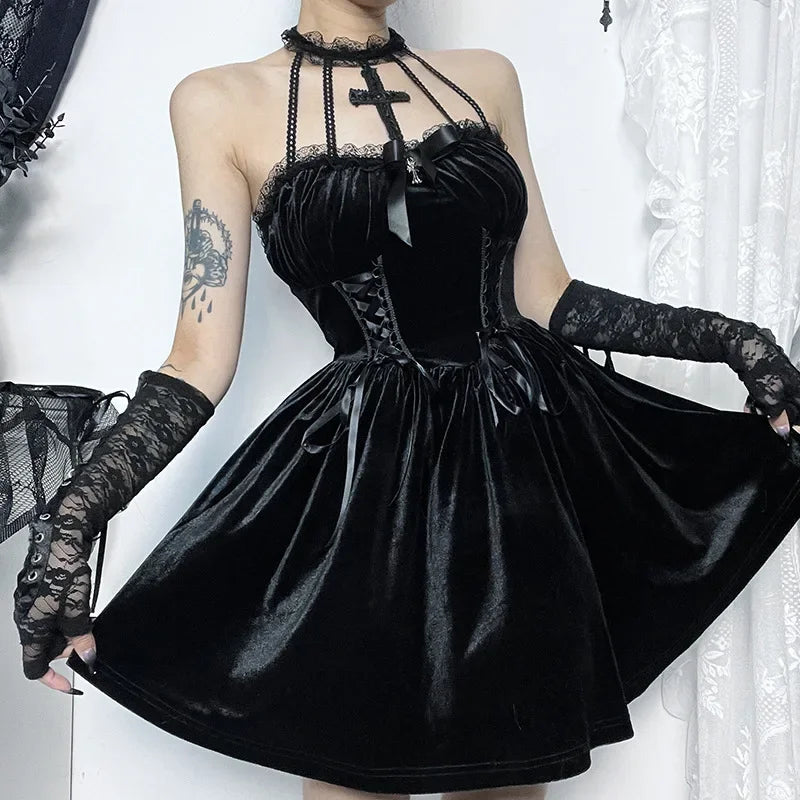Gothic Velvet Criss-Cross Dress Vintage Draped Lace Sleeveless Bodycon Backless A-Line Cocktail Party Dress