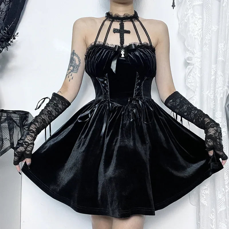 Gothic Velvet Criss-Cross Dress Vintage Draped Lace Sleeveless Bodycon Backless A-Line Cocktail Party Dress