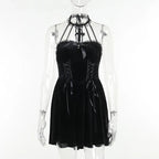 Gothic Velvet Criss-Cross Dress Vintage Draped Lace Sleeveless Bodycon Backless A-Line Cocktail Party Dress