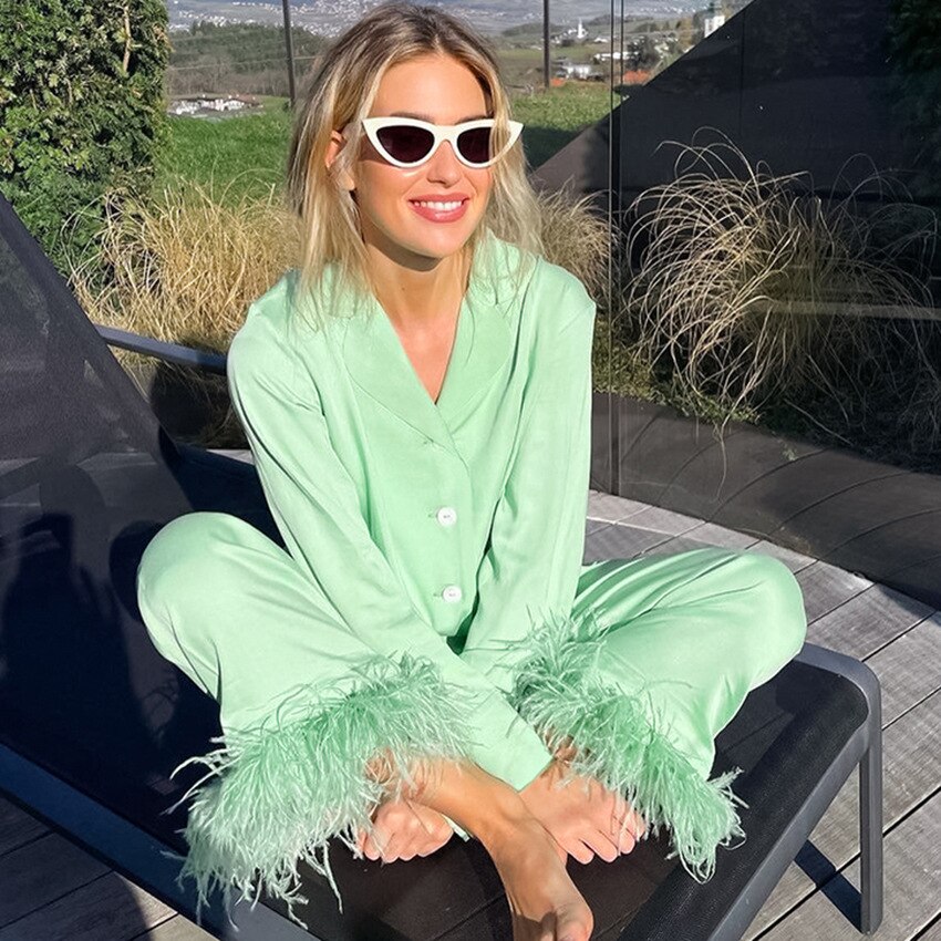 JuliaFashion-2-Piece Feather Pajamas Set