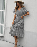 JuliaFashion - 2024 Vintage Plaid Slim Ruffles High Waist Midi Sundress