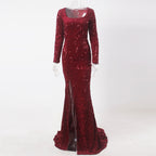 JuliaFashion-Luxury Burgundy Sequin Floor Evening Dress