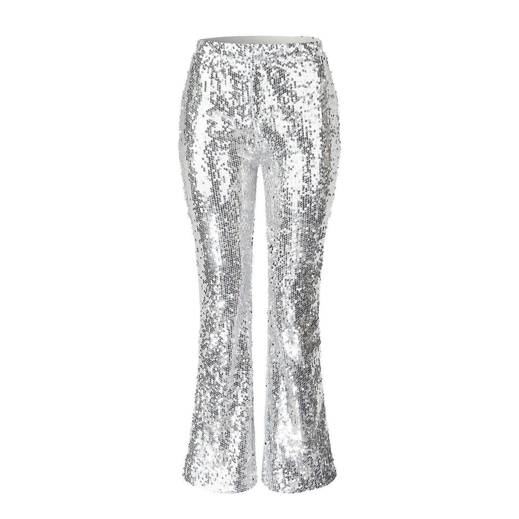 JuliaFashion - Sparkly Silver Sequin Flare Pants