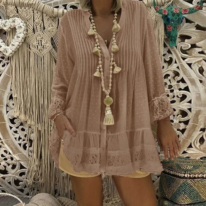 JuliaFashion-Polka Dot Chiffon V-Neck Blouses