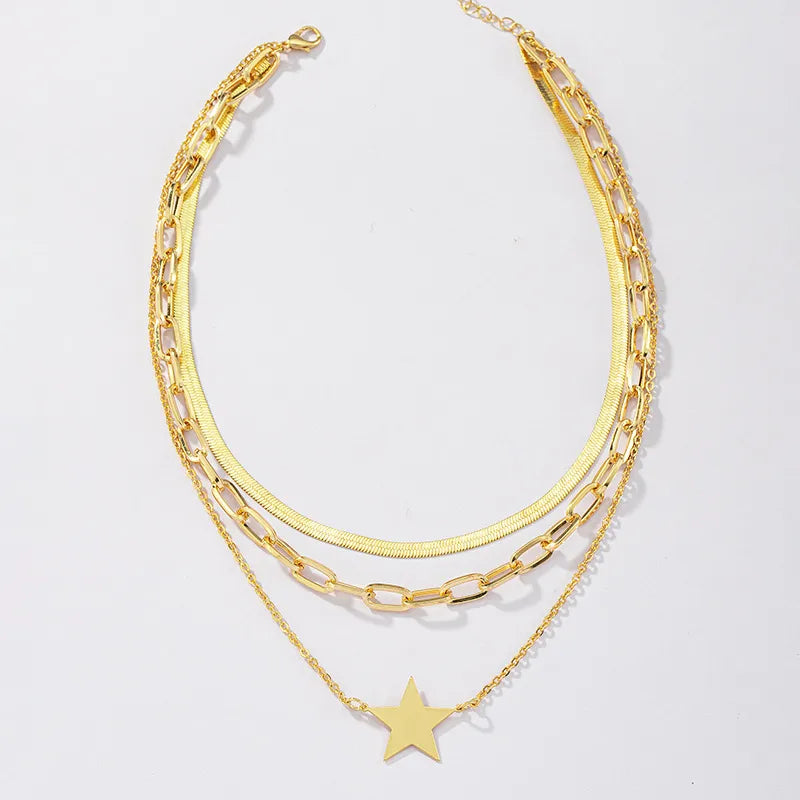JuliaFashion-Multi-Layered Gold Star Pendant Necklace