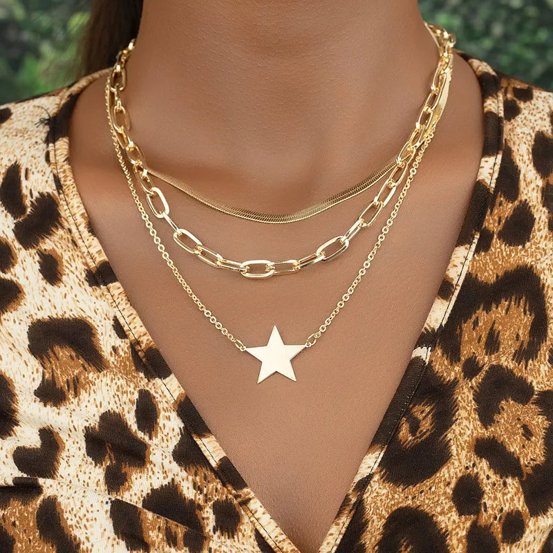 JuliaFashion-Multi-Layered Gold Star Pendant Necklace