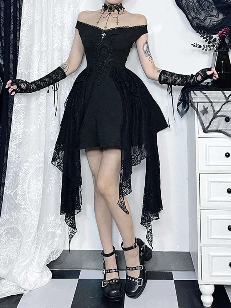 Gothic Folds Corsets A-Line Black Off Shoulder Ball Women Grunge Vintage Aesthetic Harajuku Partywear Dress