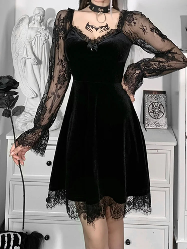 Moon Sexy Black Grunge Dark V Neck Aesthetic Vintage Mini Long Sleeve Autumn Outfit