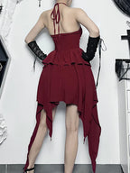 Halter Neck Sexy Sleeveless Ruched Bodycon Asymmetrical A-Line Hem Party Cocktail Mini Outfit