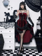 Low Swing Cocktail Party Vintage Goth Lace Smocked Elastic Waist Pleated Flowy Bodycon Outfit