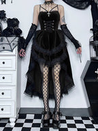 Low Swing Cocktail Party Vintage Goth Lace Smocked Elastic Waist Pleated Flowy Bodycon Outfit