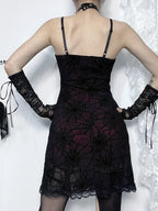 Gothic Spider Stretch Lace Grunge Strap Spaghetti Lace Print Web Cami Contrast Dress