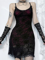 Gothic Spider Stretch Lace Grunge Strap Spaghetti Lace Print Web Cami Contrast Dress