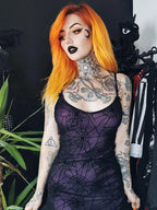 Gothic Spider Stretch Lace Grunge Strap Spaghetti Lace Print Web Cami Contrast Dress