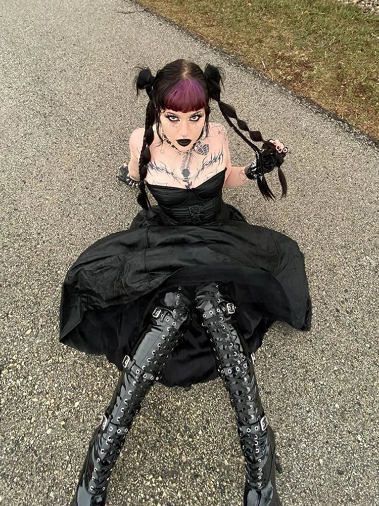 Tube Top Leather Buckle Vintage Backless Strapless Harajuku E-Girls 90s Streetwear Sexy Club Dress