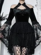 Gothic Vintage Off Shoulder Lace Cocktail Party Velvet Mesh Long Sleeves Halloween Cosplay Outfit