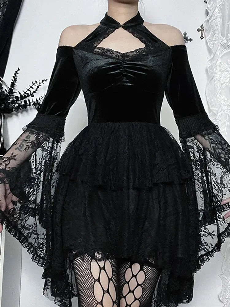 Gothic Vintage Off Shoulder Lace Cocktail Party Velvet Mesh Long Sleeves Halloween Cosplay Outfit