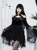 Gothic Vintage Off Shoulder Lace Cocktail Party Velvet Mesh Long Sleeves Halloween Cosplay Outfit