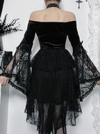 Gothic Vintage Off Shoulder Lace Cocktail Party Velvet Mesh Long Sleeves Halloween Cosplay Outfit