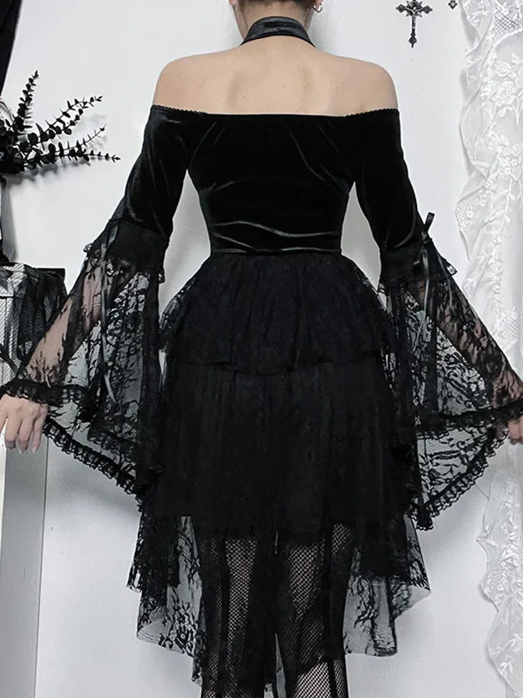 Gothic Vintage Off Shoulder Lace Cocktail Party Velvet Mesh Long Sleeves Halloween Cosplay Outfit