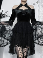 Gothic Vintage Off Shoulder Lace Cocktail Party Velvet Mesh Long Sleeves Halloween Cosplay Outfit