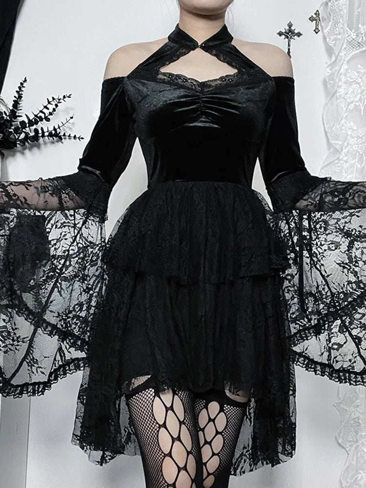 Gothic Vintage Off Shoulder Lace Cocktail Party Velvet Mesh Long Sleeves Halloween Cosplay Outfit
