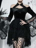 Gothic Vintage Off Shoulder Lace Cocktail Party Velvet Mesh Long Sleeves Halloween Cosplay Outfit