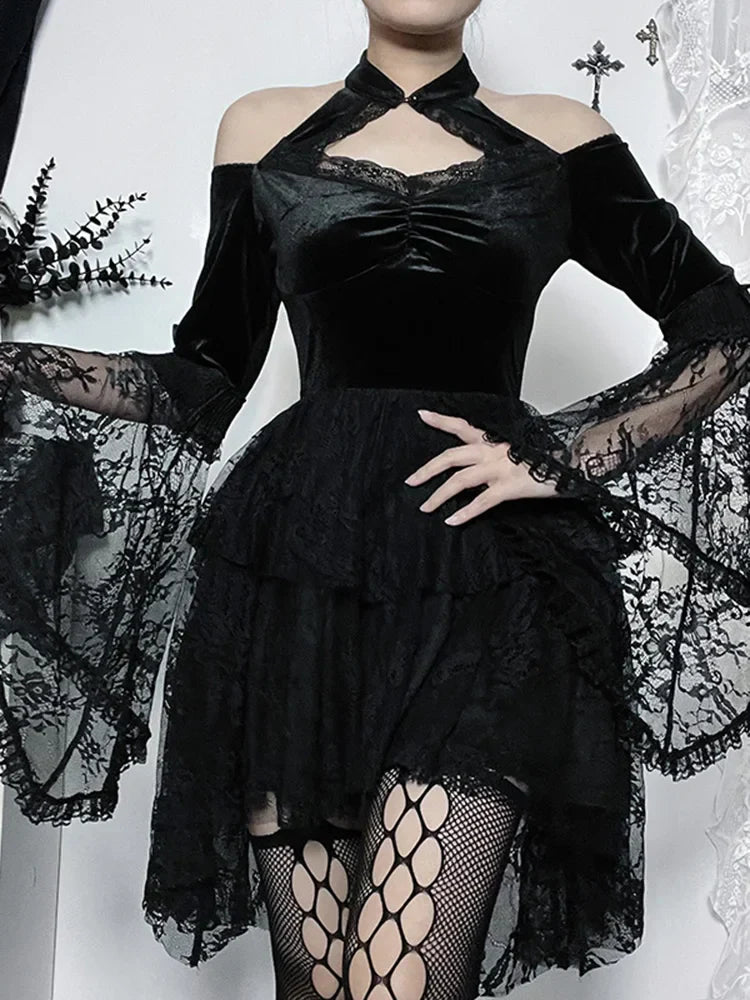 Gothic Vintage Off Shoulder Lace Cocktail Party Velvet Mesh Long Sleeves Halloween Cosplay Outfit