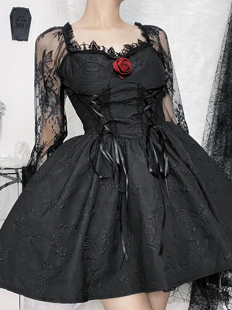 Grunge Party High Waist Gothic Dark Sexy A-Line Jacquard Lace Sleeve Lolita Vintage Harajuku Outfit