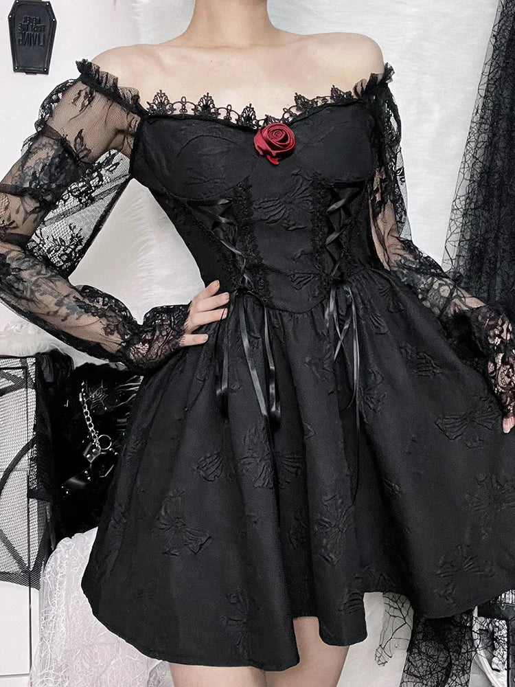 Grunge Party High Waist Gothic Dark Sexy A-Line Jacquard Lace Sleeve Lolita Vintage Harajuku Outfit