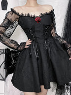 Grunge Party High Waist Gothic Dark Sexy A-Line Jacquard Lace Sleeve Lolita Vintage Harajuku Outfit