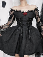 Grunge Party High Waist Gothic Dark Sexy A-Line Jacquard Lace Sleeve Lolita Vintage Harajuku Outfit